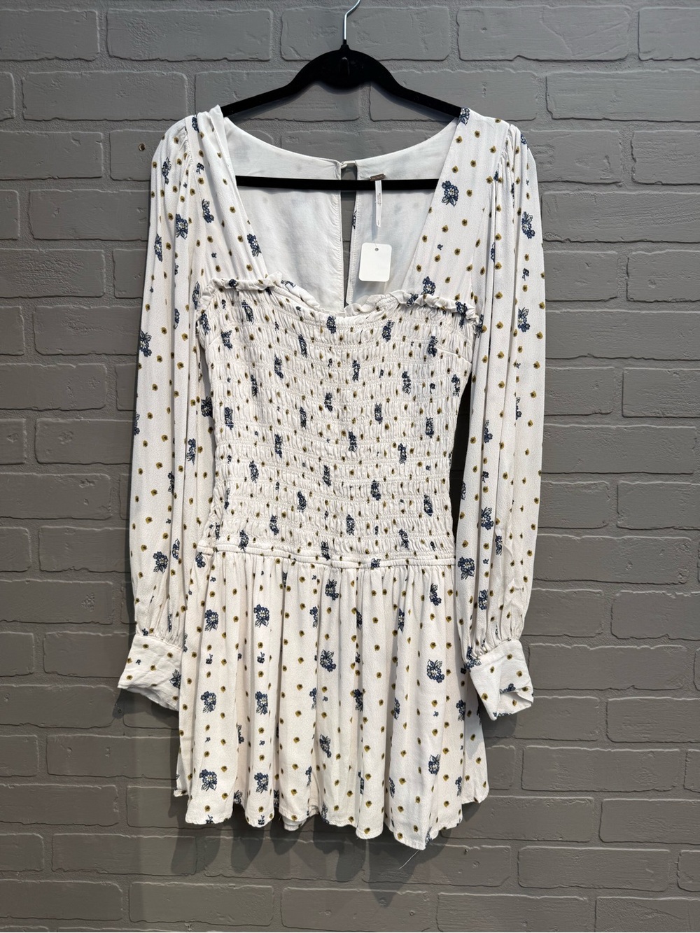 Free People White Smocked Long-Sleeve Mini Dress with Blue Floral and Gold Dot